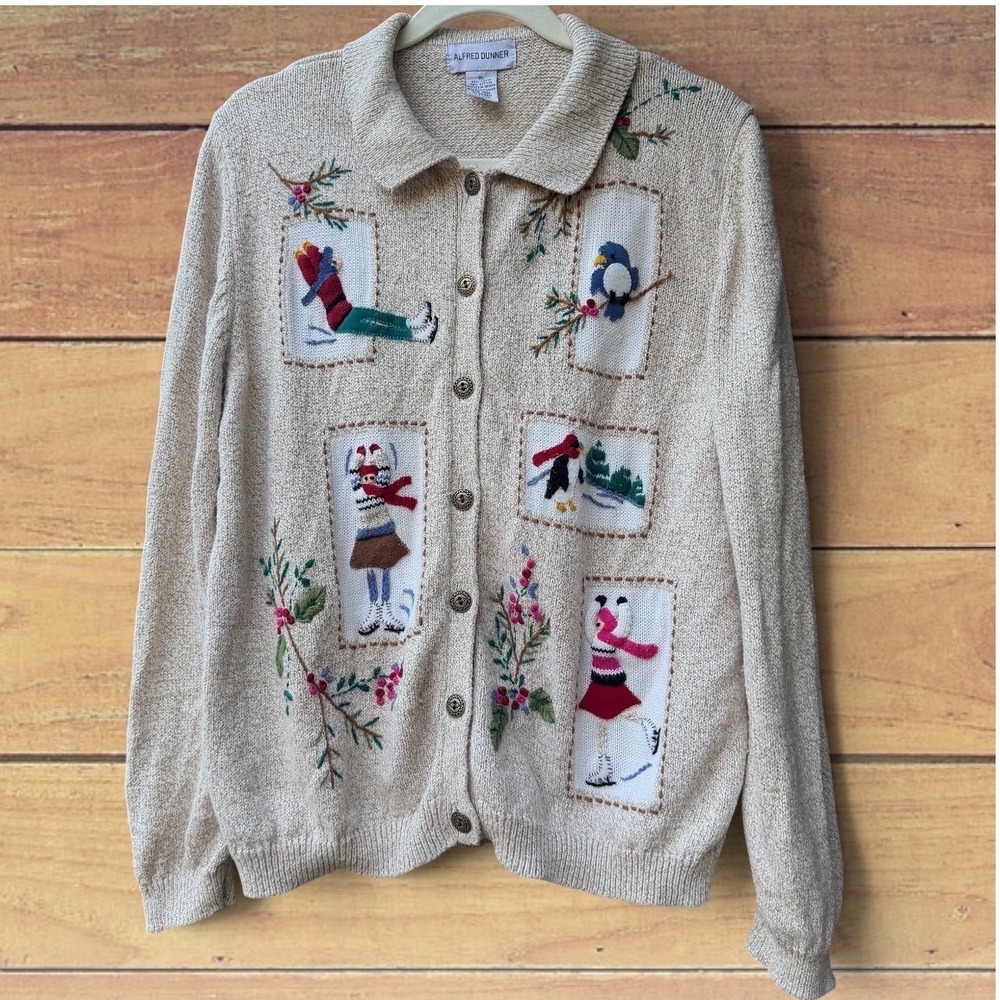 Alfred Dunner Vintage Winter Embroidered Cardigan Sweater Tan XL Ramie Cotton